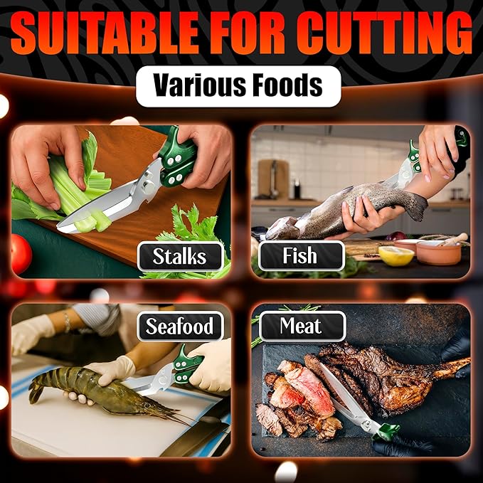 Heavy Duty Poultry Shears – Kitchen Shears Dishwasher Safe, Spring-Loaded, 3Cr14 Steel, Micro-Serrated, Separates for Easy Cleaning | Bone Scissors for Chicken, Turkey, Seafood & Fish Scale (Green)