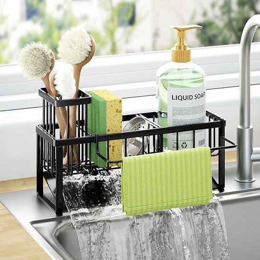 HapiRm Sponge Holder for Kitchen Sink - Self-draining Sink Caddy with Brush and Dishcloth Holders with Sloping Drainage - Black by HapiRm