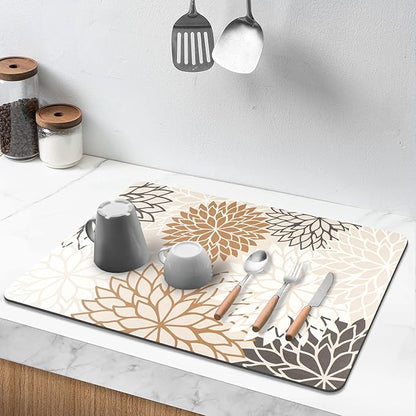 Findosom 2PCS 16" x 24" Dish Drying Mat & 24" x 5.5" Sink Splash Guard, Super Absorbent & Cuttable Dish Mat Drying Kitchen Mat with Brown Floral, Hide Stain Drying Mat for Kitchen Counter - Image 9