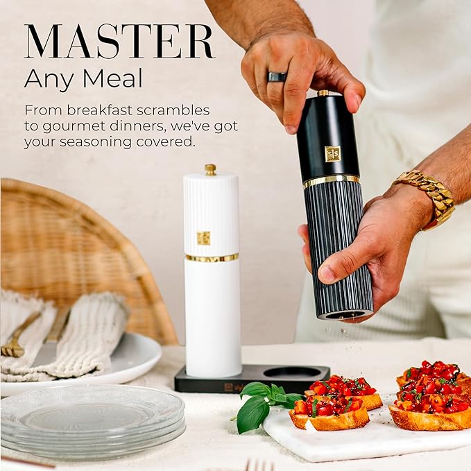 Wooden Salt and Pepper Grinder Set – Refillable Manual Salt and Pepper Mills with Adjustable Ceramic Burrs, Gold Detailing, and Wood Stand – Black and White - Image 9