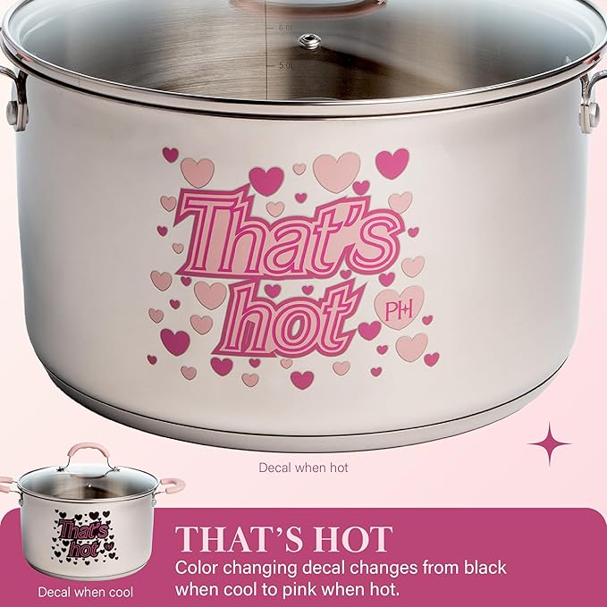 Paris Hilton Stainless Steel Stock Pot with Iconic Color Changing "That's Hot" Heat Indicator Decal, Features Soft Grip Handles and Measure Marks, 8-Quart, Pink