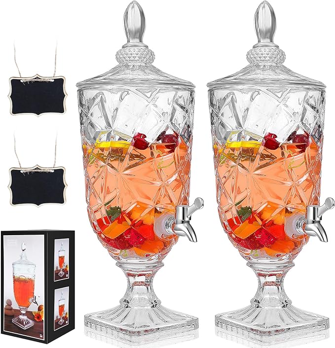 Zhehao 2 Pcs Drink Dispensers for Parties 0.8 Gallon Glass Beverage Dispenser Clear Vintage Crystal Beverage Dispenser with Spigot and 2 Wooden Chalkboard Wide Mouth Beverage Server for Bar Home by Zhehao