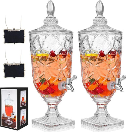 Zhehao 2 Pcs Drink Dispensers for Parties 0.8 Gallon Glass Beverage Dispenser Clear Vintage Crystal Beverage Dispenser with Spigot and 2 Wooden Chalkboard Wide Mouth Beverage Server for Bar Home by Zhehao