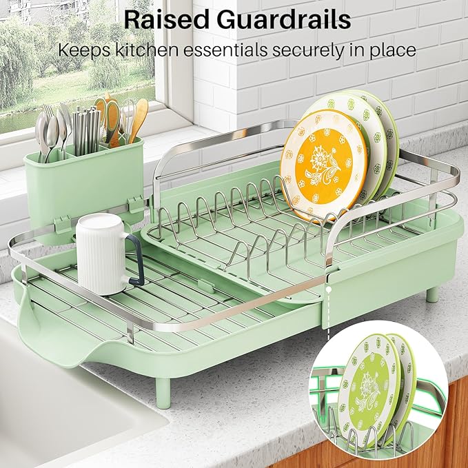 SAYZH Dish Drying Rack - Expandable Dish Rack for Kitchen Counter, Rust-Resistant Dish Drainer with Utensil Holder and Raised Guardrail, Kitchen Organizer for Cup and Bottle (Green) - Image 6