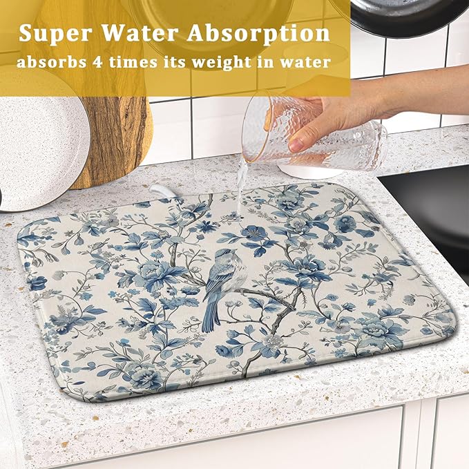 Chinoiserie Trees Dish Drying Mat for Kitchen Counter,Bule Bird Flowers Drying Mat 16 x 18 Inch with Absorbent Reversible Microfiber Drying Pad for Coffee Bar - Image 7