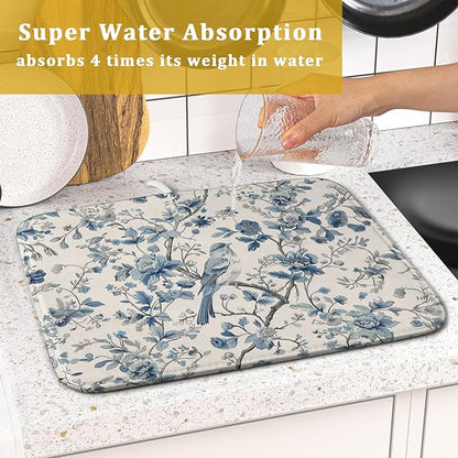 Chinoiserie Trees Dish Drying Mat for Kitchen Counter,Bule Bird Flowers Drying Mat 16 x 18 Inch with Absorbent Reversible Microfiber Drying Pad for Coffee Bar - Image 7