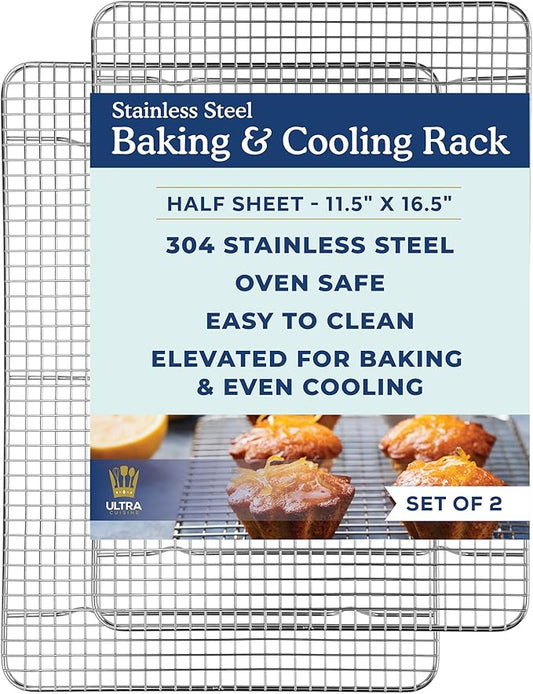 Ultra Cuisine Oven-Safe, Dishwasher-Safe 100% Stainless Steel Cooling and Baking Rack Set Heavy Duty Tight-Wire - 11.5 x 16.5-inch - Set of 2 - Half Sheet Pan Cooling Racks by UltraCuisine
