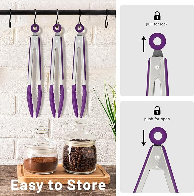 Hotec Mini Silicone Kitchen Tongs for Cooking - 7-Inch Small Serving Tongs with Silicone Tips, Set of 3 (Purple) - Image 7