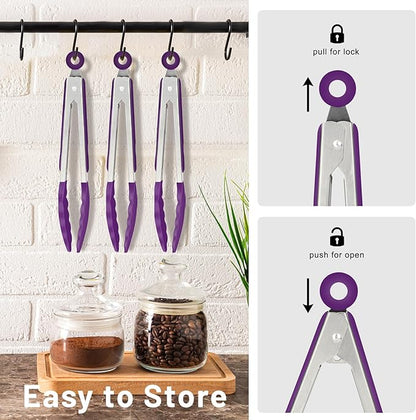 Hotec Mini Silicone Kitchen Tongs for Cooking - 7-Inch Small Serving Tongs with Silicone Tips, Set of 3 (Purple) - Image 7