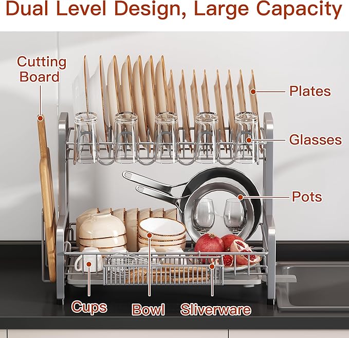 2 Tier Dish Drainer Drying Rack for Kitchen Counter, Large Stainless Steel Dishes Dryer with Drainboard, Space Saving, Big Rustproof Metal Modern Countertop Plates Strainer with Utensil Holder, Sliver - Image 3