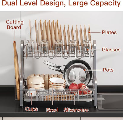 2 Tier Dish Drainer Drying Rack for Kitchen Counter, Large Stainless Steel Dishes Dryer with Drainboard, Space Saving, Big Rustproof Metal Modern Countertop Plates Strainer with Utensil Holder, Sliver - Image 3