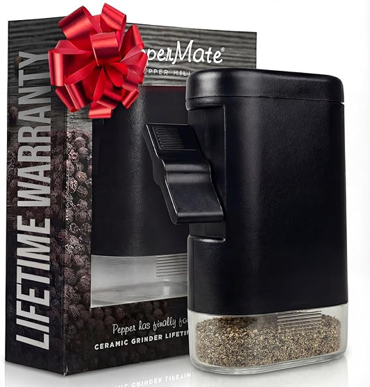 PepperMate Pepper Mill Grinder - Manual Ceramic Peppercorn Grinder, Adjustable Coarseness Fine to Coarse, Refillable Salt, Spice and Seasoning Mill with Hand Crank, Non-Corrosive, 5.5 Inch, Black