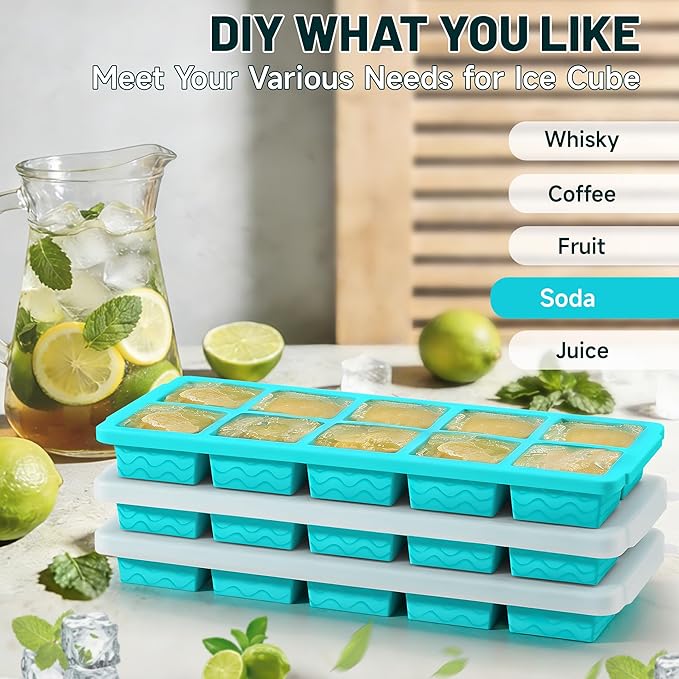 Ice Cube Tray with Lid – 3 Pack 2 Tbsp Ice Trays for Freezer, Stackable, BPA-Free, Easy Release Large Ice Cube Molds for Chocolate, Cocktails, Iced Coffee, Whiskey & Juice (10-cube,blue)