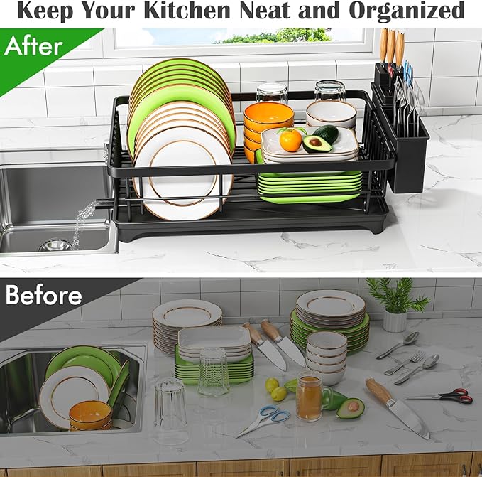 Kmiectse Dish Drying Rack - Space-Saving Small Dish Rack for Kitchen Counter, Rust-Resistant Kitchen Drying Rack, Compact Dish Drainer Organizer with Utensil Holder for Home Kitchen, Black - Image 6