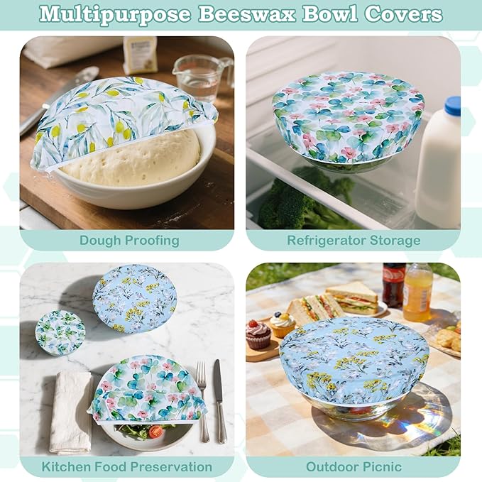 5-Size Reusable Beeswax Bowl Covers for Bread Proofing, Cotton Cloth Flexible Beeswax Wraps for Food Storage(Olive Branch) - Image 5