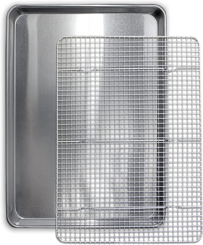 Commercial Quality Cookie Sheet and Rack - Aluminum Half Sheet Baking Pan and Stainless Steel Cooling Rack Set 13x18 Rust & Warp Resistant, Heavy Duty by SaffronSageHomeLiving