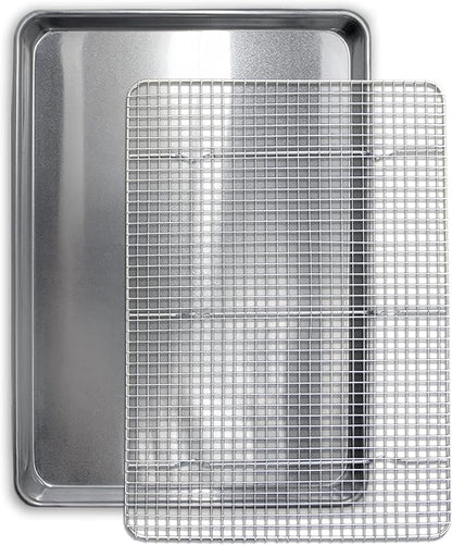 Commercial Quality Cookie Sheet and Rack - Aluminum Half Sheet Baking Pan and Stainless Steel Cooling Rack Set 13x18 Rust & Warp Resistant, Heavy Duty by SaffronSageHomeLiving