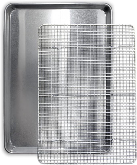 Commercial Quality Cookie Sheet and Rack - Aluminum Half Sheet Baking Pan and Stainless Steel Cooling Rack Set 13x18 Rust & Warp Resistant, Heavy Duty by SaffronSageHomeLiving
