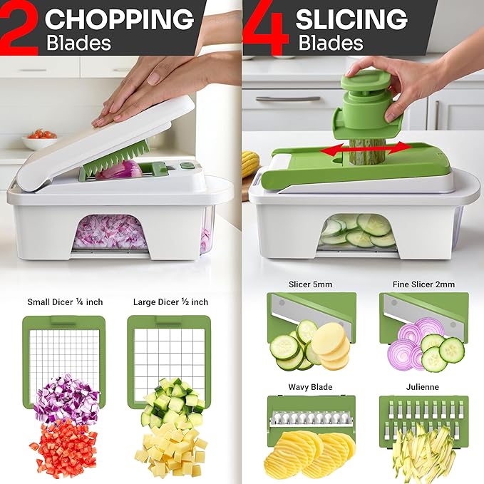 Mueller Pro-Series All-in-One, 12 Blade Mandoline Slicer for Kitchen, Food Chopper, Cucumber Slicer and Spiralizer, Cutter, Dicer, Grater, Gifts for Mom, Kitchen Essentials, White Sand/Green - Image 4