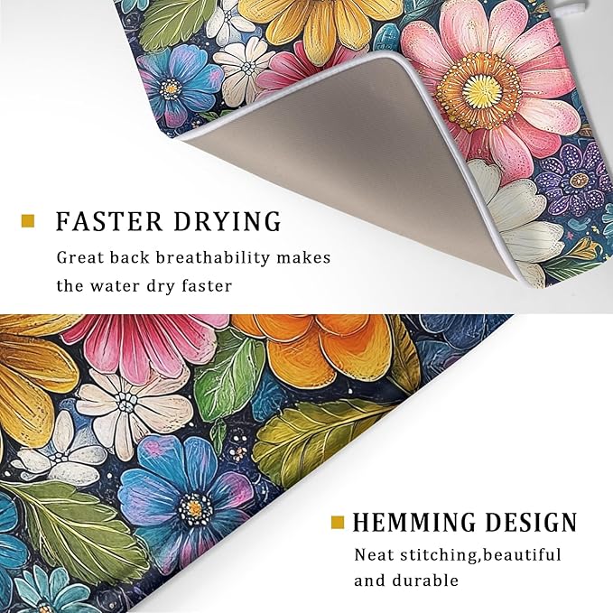 Giwawa Boho Flower Dish Drying Mat, Colorful Floral Leaf Dish Drainer Mats, Rustic Wildflower Plant Botanical Reversible Dish Drying Rack Pad Protector for Kitchen Countertop Decor, 18"x24"