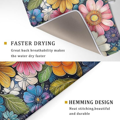 Giwawa Boho Flower Dish Drying Mat, Colorful Floral Leaf Dish Drainer Mats, Rustic Wildflower Plant Botanical Reversible Dish Drying Rack Pad Protector for Kitchen Countertop Decor, 18"x24"