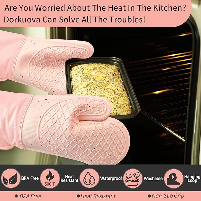 Pink Oven Mits, Heat Resistant, Non-Slip Grip Pattern, Baking Gloves for Oven, Kitchen Pot Holders,1 Pair - Image 6