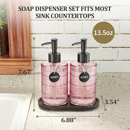 MASADI Soap Dispenser Set with Bamboo Tray, Dish and Hand Soap Lotion Dispenser Set with Wooden Pump for Kitchen and Bathroom Decor for Counter, Modern Vintage Liquid Soap Dispensers (Pink&Black) - Image 2