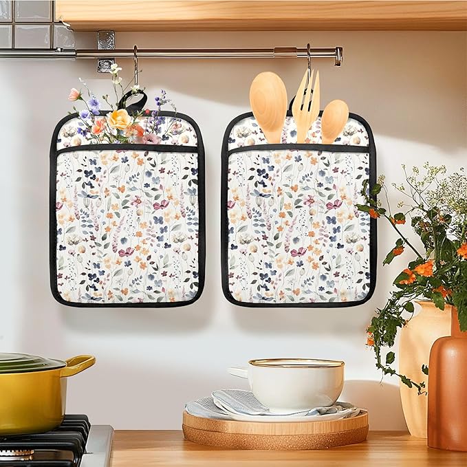 Vintage Floral Oven Mitts Set, Colorful Wildflowers Floral Heat Resistant Kitchen Oven Gloves for Baking and Cooking,Pot Holders - Image 3