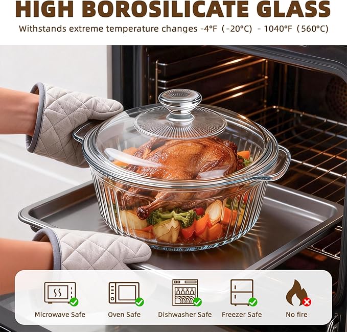 Luvan 2.4L/2.5Qt Round Glass Casserole Dish with Lid, Clear Baking Dish with Handles for Baking, Cooking & Serving, High Borosilicate Lead-Free Glass cookware, Oven, Microwave, Freezer & Dishwasher Safe - Image 3