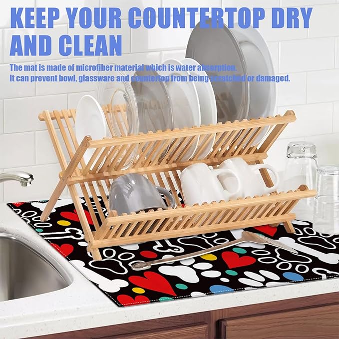 Dog Paw Bone Dish Drying Mat for Kitchen Counter Drying Pad Absorbent Reversible Dish Drainer Rack Mats Draining Pad 18"x24"Inch