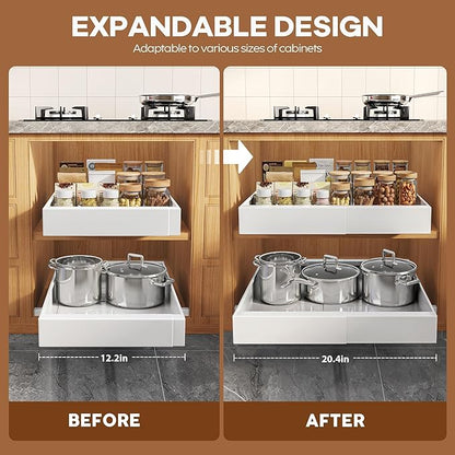 Seinloes 2 Pack Expandable Pull Out Cabinet Organizer 16.5"Deep with Raising Pad for Framed Cabinets,Upgrade 3 Slide Rails Slide Out Drawers,Roll Out Shelves Adhesive,Adjustable Width 12.2"-20.4"White - Image 3
