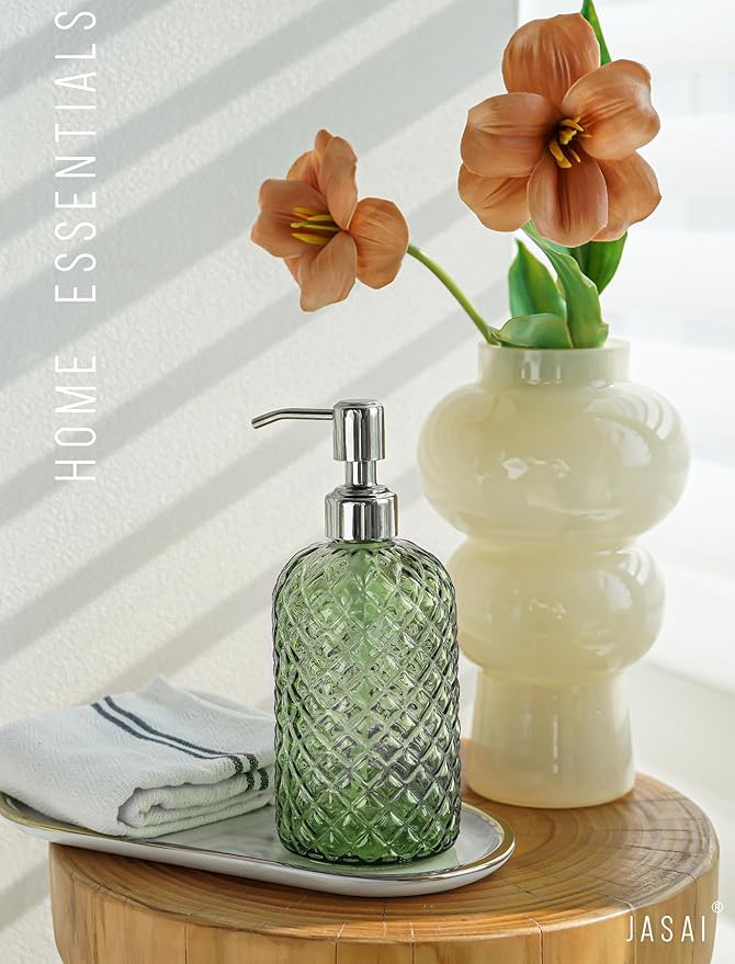 JASAI 18Oz Tea Green Soap Dispenser with Rust Proof Pump, Refillable Glass Soap Dispenser for Bathroom & Kitchen to Dispense Dish Soap, Hand soap, Lotion. - Image 5