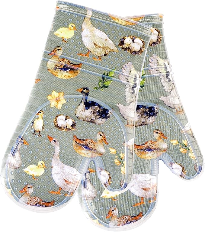Oven Mitts Set of 2 with Transparent Clear Silicone Shell and Nice Duck Printing Cotton Lining, Heat Resistant to 500 F Kitchen Oven Gloves Pot Holder for Cooking (Wathet Blue, Oven Mitts) - Image 7