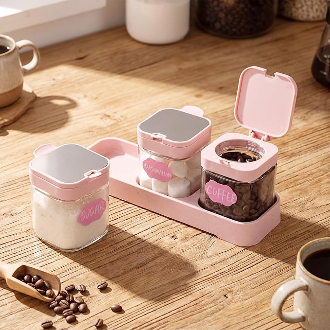 Suclain 3 Pcs Glass Coffee Containers Coffee Station Organizer Set, Airtight Bean Storage Jars with Shelf,labels,spoon, Base and Pen,for Sugar, Candy, Oats, Nuts (Pink) - Image 5