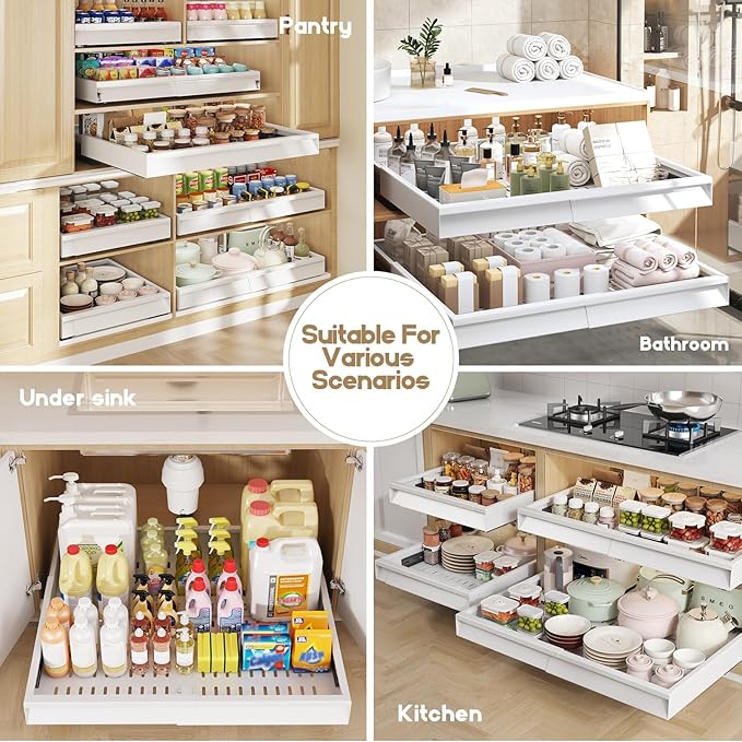 Seinloes 2 Pack Pull Out Cabinet Organizer With Raising Pad for Framed Cabinets,Expandable Width (15"-25") and Depth (17"-24"),3 Slide Rails Slide Out Drawers with Handle,No-Drill Roll Out Shelf,White - Image 7