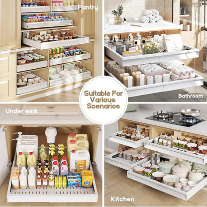 Seinloes 2 Pack Pull Out Cabinet Organizer With Raising Pad for Framed Cabinets,Expandable Width (15"-25") and Depth (17"-24"),3 Slide Rails Slide Out Drawers with Handle,No-Drill Roll Out Shelf,White - Image 7