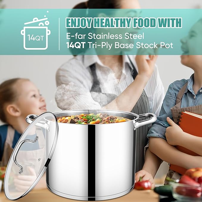 E-far 14 Quart Stainless Steel Stock Pot, Heavy Duty Induction Stockpot with Glass Lid for Cooking Soup Canning, Thick Tri-Ply Bottom & Riveted Handles, Compatible with All Stoves, Dishwasher Safe - Image 7