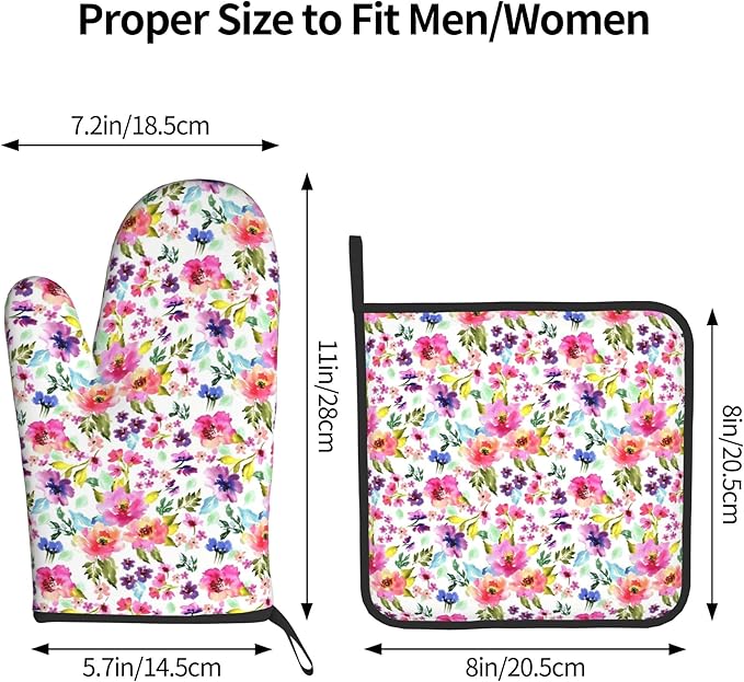 Floral Oven Mitts and Pot Holders Sets Spring Summer Kitchen Mitts Colorful Blossom Potholders 2PCS Wildflower Oven Gloves Hot Pads for Kitchen Baking Cooking - Image 3