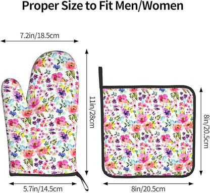 Floral Oven Mitts and Pot Holders Sets Spring Summer Kitchen Mitts Colorful Blossom Potholders 2PCS Wildflower Oven Gloves Hot Pads for Kitchen Baking Cooking - Image 3