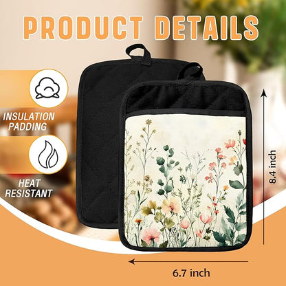 Watercolor Rustic Floral Pot Holders with Pockets, Cottagecore Flower Botanical Oven Pot Holders Heat Resistant Oven Mitts Hot Pads for Kitchen Baking Cooking