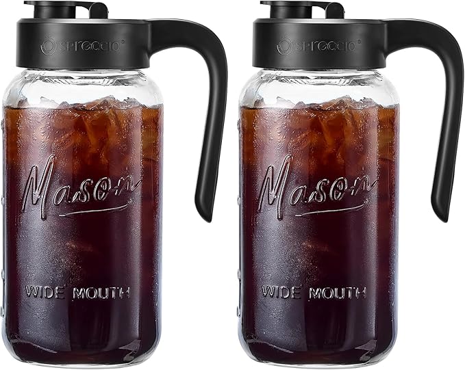Mason Jar Pitcher - Airtight & Leakproof Glass Pitcher with Lid[set of 2], Perfect for Breastmilk, Cold Brew, and Sun Tea, 2 Quart (64 oz) Mason Jar with Pour Spout Lid by spreccio