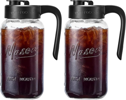 Mason Jar Pitcher - Airtight & Leakproof Glass Pitcher with Lid[set of 2], Perfect for Breastmilk, Cold Brew, and Sun Tea, 2 Quart (64 oz) Mason Jar with Pour Spout Lid by spreccio