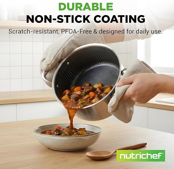 NutriChef 5 QT Stainless Steel Stew Pot - Triply Kitchenware Stew Pot with Glass Lid - DAKIN Etching Non-Stick Coating, Scratch-resistant Raised-up Honeycomb Fire Textured Pattern - NutriChef NC3PCAS