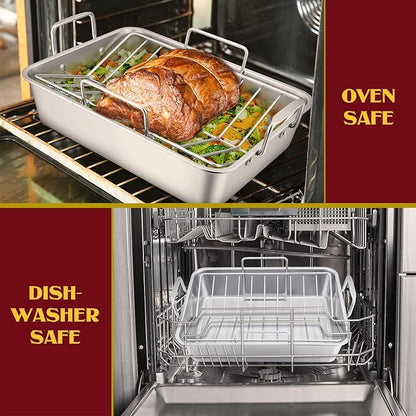E-far 14 x 10.6 Inch Roasting Pan, Stainless Steel Turkey Roaster with V Rack & Baking Rack Set, Small Heavy Duty Deep Broiling Pan for Oven Cooking Lasagna Meat Chicken - Dishwasher Safe