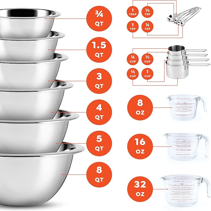 Eatex Mixing Bowls with Measuring Cups & Measuring Spoons 17 Piece Set - Nesting Stainless Steel Mixing Bowls Set for Kitchen, Measuring Spoons & Glass Liquid Measuring Cups, Dishwasher Safe Meal Prep - Image 3