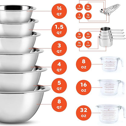 Eatex Mixing Bowls with Measuring Cups & Measuring Spoons 17 Piece Set - Nesting Stainless Steel Mixing Bowls Set for Kitchen, Measuring Spoons & Glass Liquid Measuring Cups, Dishwasher Safe Meal Prep - Image 3