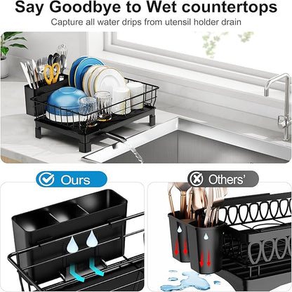GSlife Small Dish Drying Rack for Kitchen Counter with Drainboard - Compact Dish Drainer for RV, Camper and Apartment, Rust-Resistant Wire Rack with Utensil Holder, 15"L x 10"W, Black