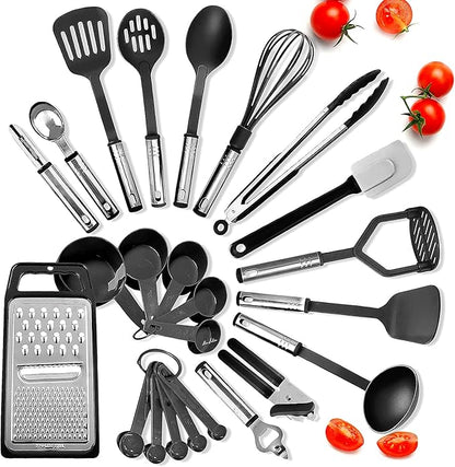 Kitchen Utensils Set - 24 PCS Nylon Cooking Utensils Set, Kitchen Spatula Set with Stainless Steel Handles - Heat Resistant Non-Stick Kitchen Tools - Black Kitchen Utensil Set by Eatex