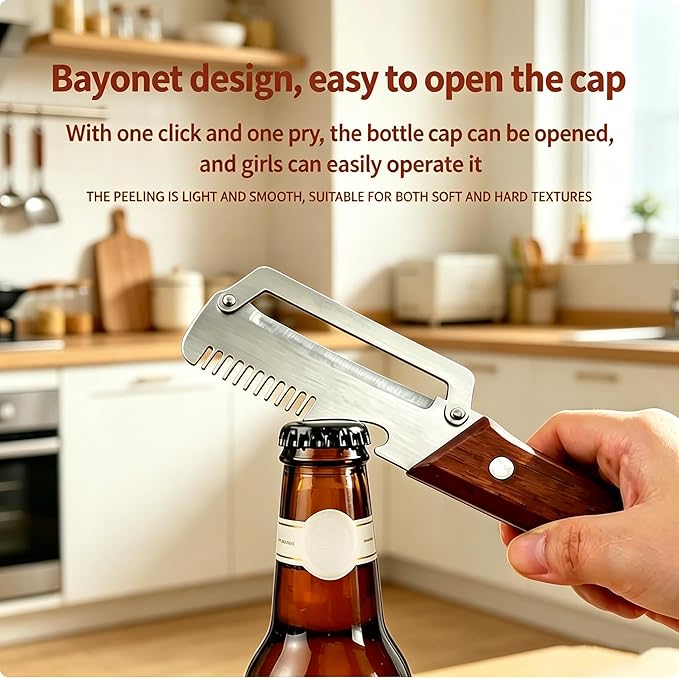 Multi-Functional Vegetable Peeler, 3 in 1 Multi Functional Wooden Handle Peeler and Bottle Opener,Kitchen Gadgets Tool，Grater & Bottle Opener for Potato, Carrot, Apple, Fruit & Vegetable (2pcs)