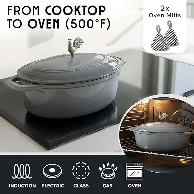 MUELLER HOME 5.5 Quart Enameled Cast Iron Oval Dutch Oven with Rooster Knob & Cotton Potholders, Heavy-Duty Cookware, Oven-Safe up to 500° F & Across All Cooktops, Gifts for Grandma & Women, Gray - Image 4